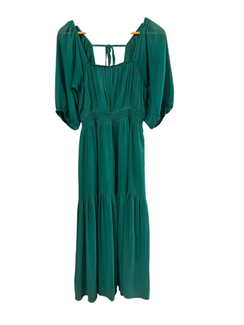 Emerald Green Boho Maxi Dress Puff Sleeve Smocked Waist Size S - Picture 3 of 6